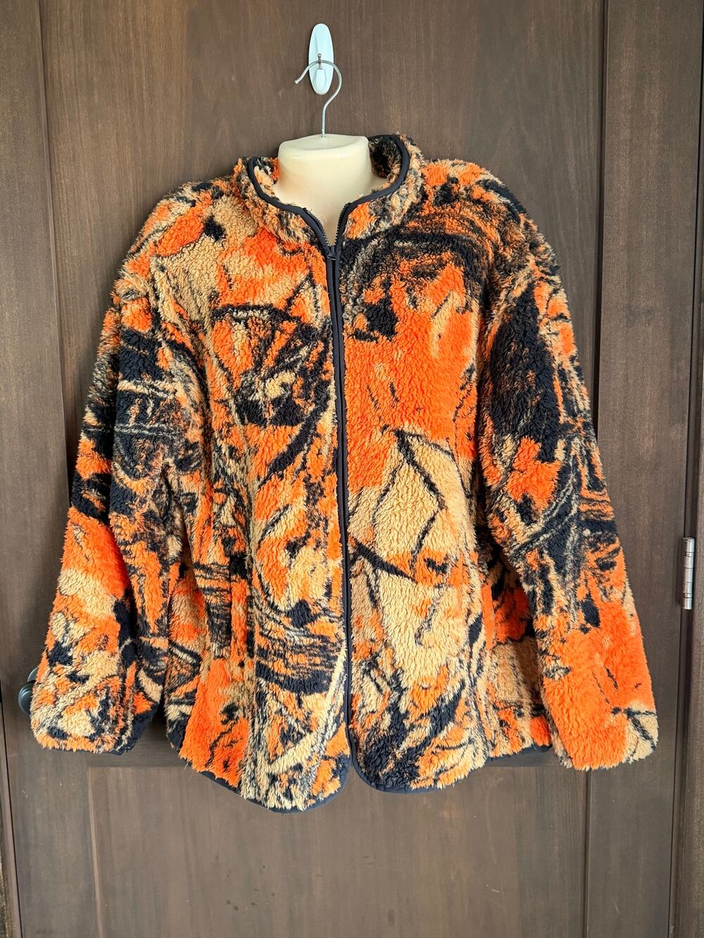 Original Use Men’s Large Orange Black High Pile Fleece Jacket Plaid NWT